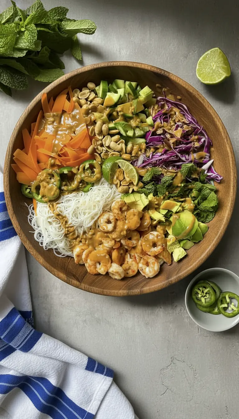 A beautifully plated Fresh Spring Roll Salad Bowl, a close-up showcasing the varied textures: tender shrimp, translucent vermicelli, crisp red cabbage, shiny carrot ribbons, and creamy avocado, all coated in a rich peanut dressing. A fresh lime wedge and mint leaves adorn the top. The white ceramic bowl rests on a marble surface with warm natural light and soft shadows. No hands or people. (3:4 ratio)