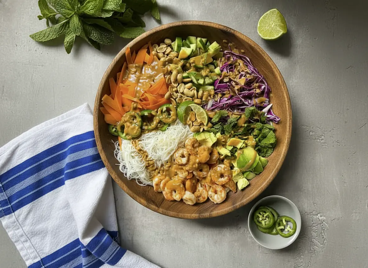 A vibrant Fresh Spring Roll Salad Bowl in a minimalist white ceramic bowl, showcasing tender cooked shrimp, delicate rice vermicelli noodles, bright carrot ribbons, crisp red cabbage, diced cucumber, creamy avocado, roasted peanuts, fresh mint leaves, sliced jalapeños, and a lime wedge. A rich peanut dressing is drizzled artfully over the components. The bowl sits on a clean marble countertop, bathed in natural morning light from an east window, with subtle soft shadows and warm tones. Fresh mint sprigs are visible in the background on the wooden cutting board. No hands or people. (4:3 ratio)