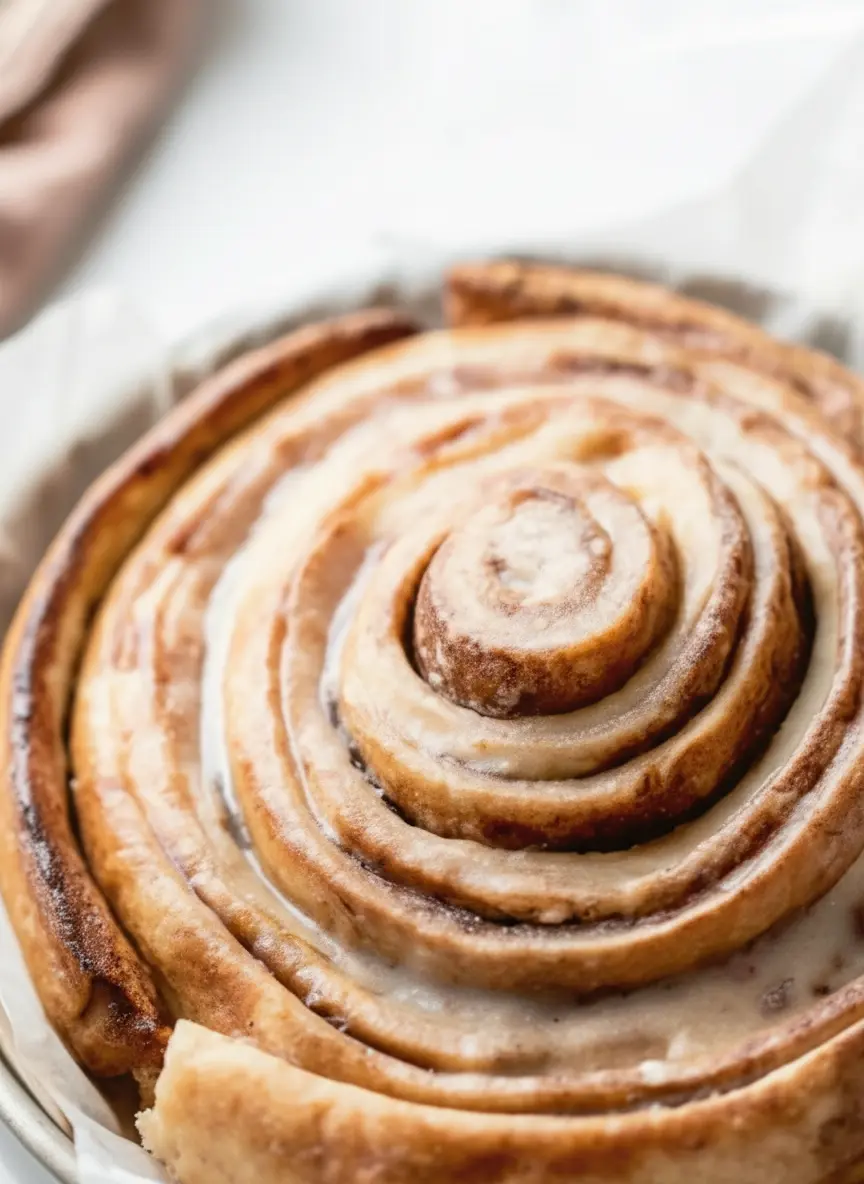 An overhead shot of key ingredients for Giant Cinnamon Roll Cake laid out artfully on a light marble countertop: flour in a ceramic bowl, yeast packet, brown sugar, cinnamon sticks, and a stick of butter. A wooden cutting board is subtly visible, and a small sprig of fresh rosemary is in the background, all bathed in soft, natural morning light. (3:4 ratio)