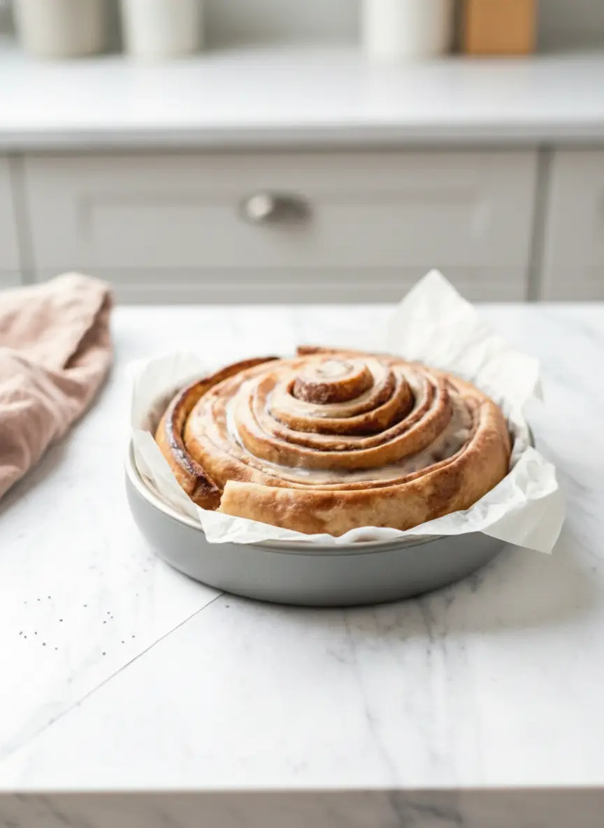 A close-up shot of the Giant Cinnamon Roll Cake dough being carefully coiled into a large, greased clear glass pie dish. The golden-brown cinnamon sugar filling is visible between the layers. The scene is on a light marble countertop with a wooden cutting board in the background, illuminated by warm, natural morning light. (3:4 ratio)