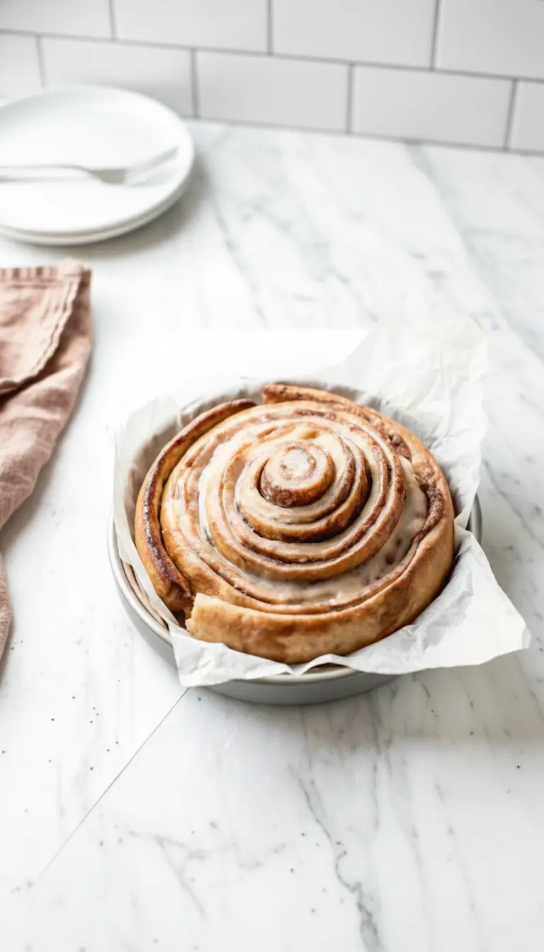 A slice of warm Giant Cinnamon Roll Cake, revealing its soft, gooey, swirled interior and generous layer of melted cream cheese frosting, resting on a minimalist white ceramic plate. The rest of the cake is slightly out of focus in the background on a marble surface. Soft, natural morning light highlights the texture and steam. (3:4 ratio)