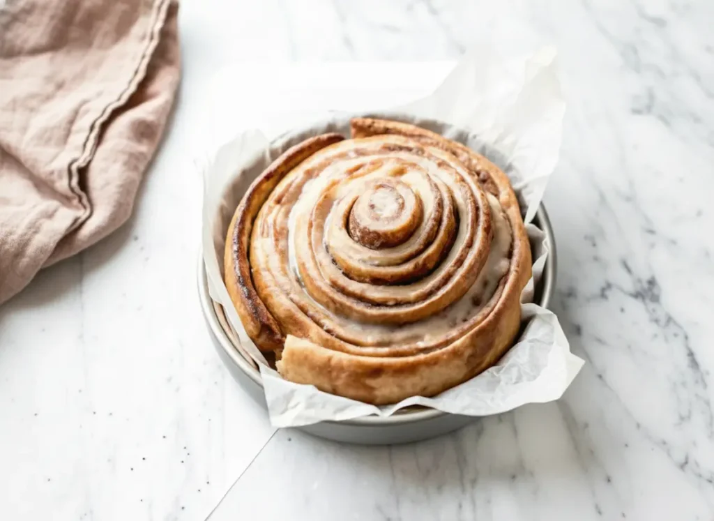A beautifully baked, large, round Giant Cinnamon Roll Cake, golden-brown with visible cinnamon swirls, generously covered in thick, creamy white glaze, presented in a clear glass pie dish on a light marble countertop. Soft, natural morning light from an east window casts warm tones and soft shadows. A subtle wood accent (like a small cutting board edge) and fresh herbs are blurred in the background. (4:3 ratio)