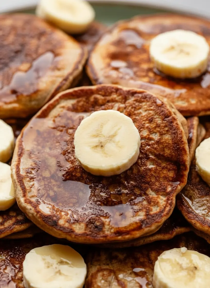 Ingredients laid out (3:4 ratio): A beautifully organized display of whole wheat flour in a ceramic bowl, ripe bananas (some mashed in a small ceramic bowl), a carton of milk, eggs, maple syrup, and baking powder arranged neatly on a wooden cutting board on a marble countertop. Natural morning light, soft shadows, warm tones. No hands or people visible.