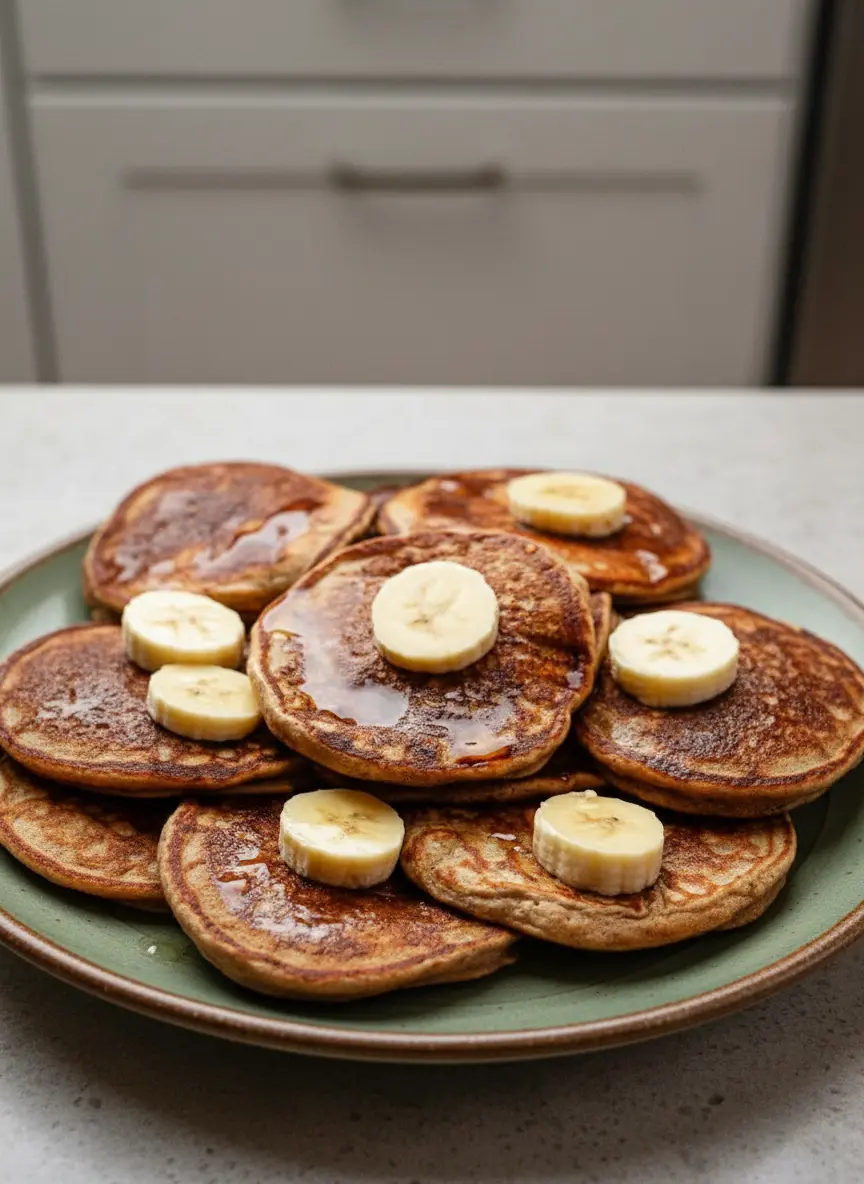 Process shot (3:4 ratio): A close-up of a golden brown healthy banana pancake being cooked on a cast iron griddle, with small bubbles forming on the surface, ready to be flipped. Steam gently rising. The background shows a hint of a clean kitchen with marble countertops. Natural morning light, soft shadows, warm tones. No hands or people visible.