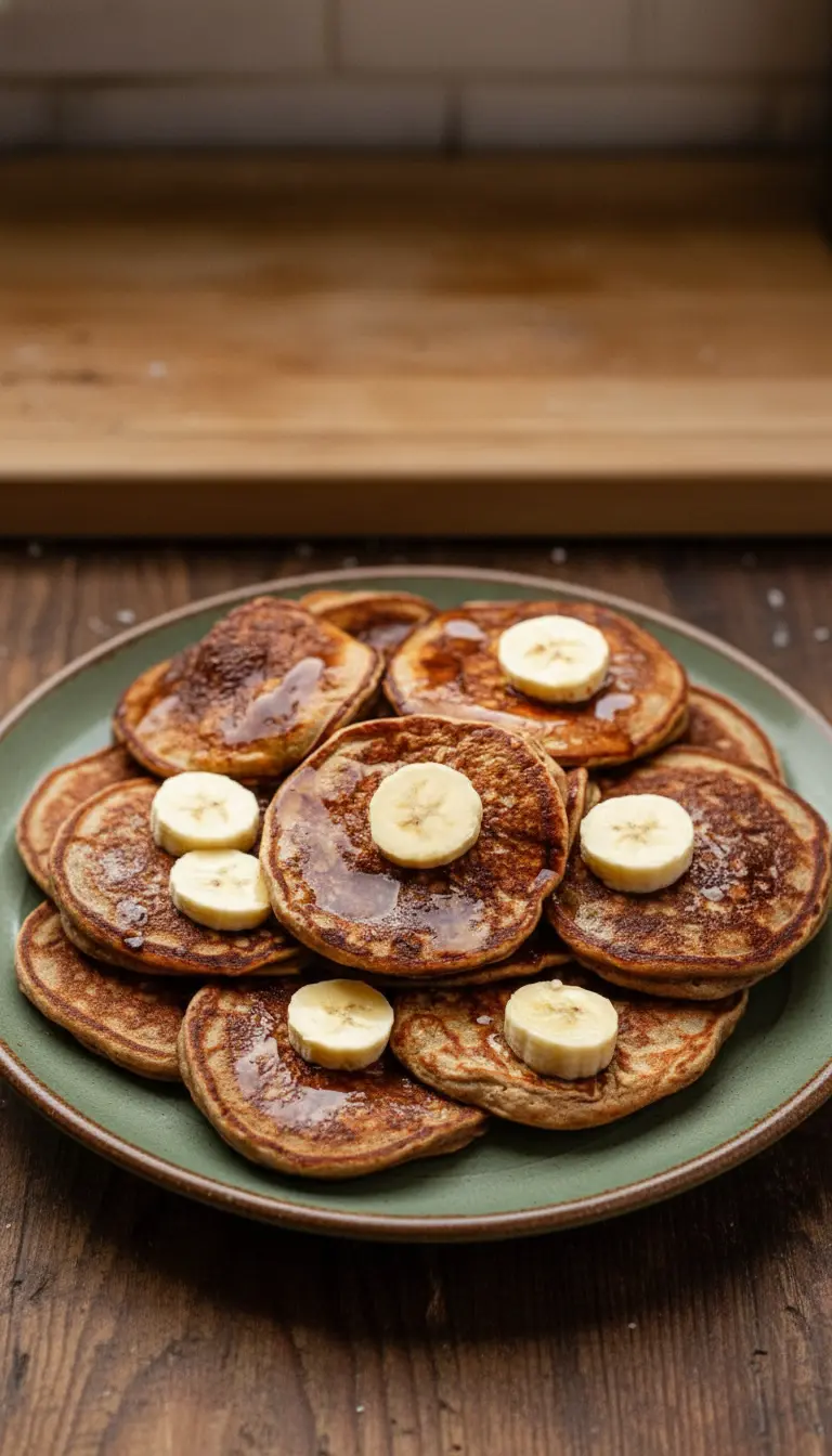 Serving and texture focus (3:4 ratio): A close-up, slightly overhead shot of a stack of golden brown healthy banana pancakes on a minimalist speckled grey/blue ceramic plate, with a fork gently cutting into the top pancake to reveal its fluffy interior. Ample maple syrup drizzle and fresh banana slices are visible. Set on a marble countertop with natural light and subtle wood accents. No hands or people visible.
