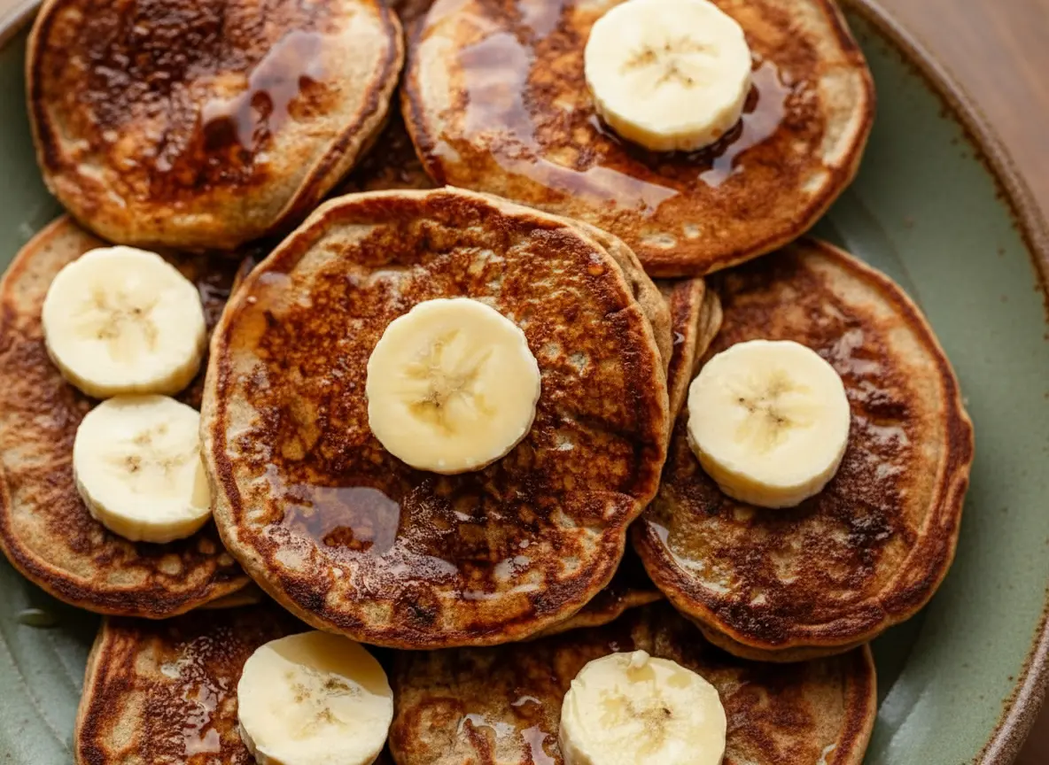 A beautifully composed hero shot (4:3 ratio) of a tall stack of golden brown healthy banana pancakes, generously drizzled with rich amber maple syrup and garnished with fresh, perfectly cut banana slices on a minimalist speckled grey/blue ceramic plate. The scene is set on a marble countertop with soft natural morning light from an east window, featuring warm tones, subtle shadows, wood accents, and fresh herbs in the background. No hands or people visible.