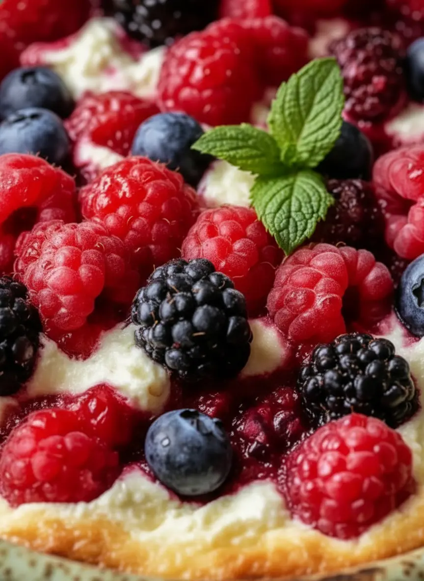 A collection of raw ingredients for High Protein Triple Berry Bake: a bowl of creamy cottage cheese, a bowl of Greek yogurt, fresh red raspberries, blueberries, and blackberries in white ceramic bowls, alongside eggs, maple syrup, and vanilla extract on a wooden cutting board, bathed in soft natural morning light. 3:4 aspect ratio.