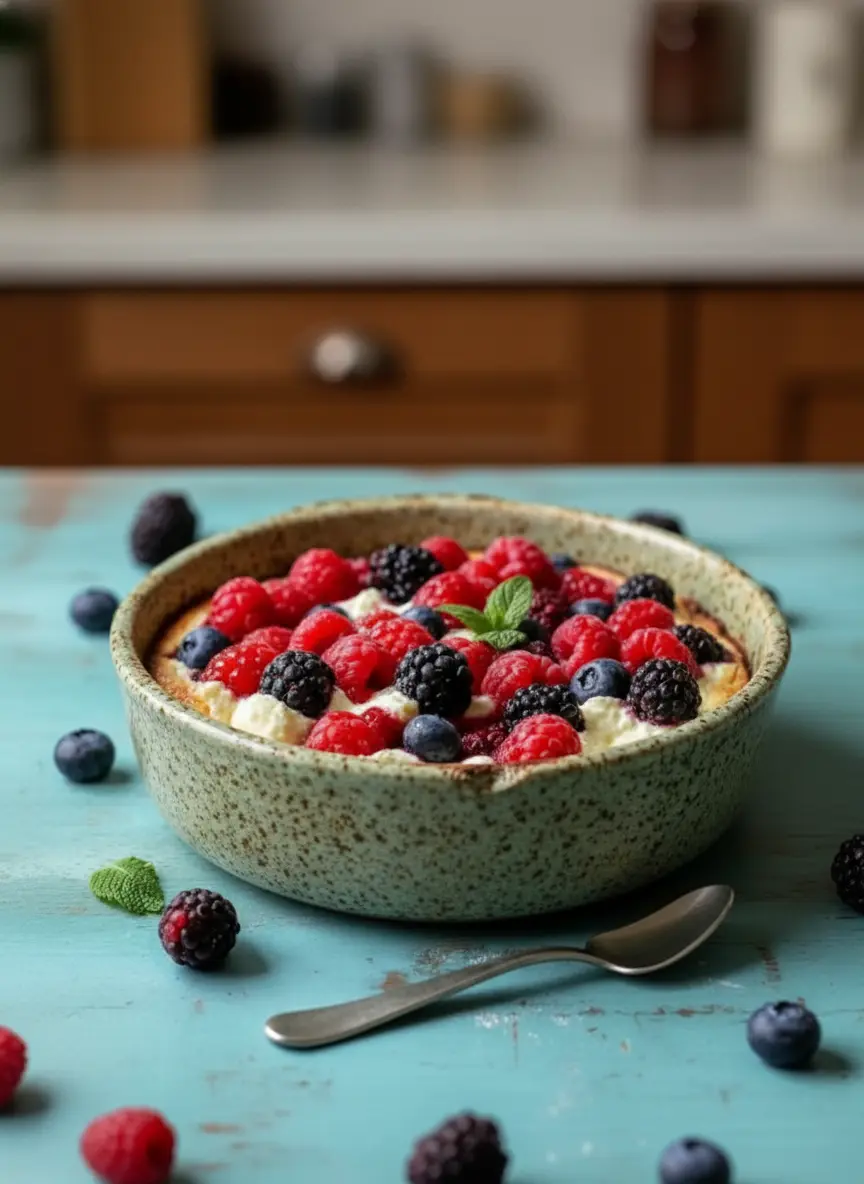 A stage of making High Protein Triple Berry Bake: a creamy, smooth blended cottage cheese mixture being poured into a white fluted ceramic baking dish on a marble countertop. A scattering of fresh raspberries, blueberries, and blackberries are just starting to be placed on top, with a wooden spoon resting nearby, all illuminated by soft natural morning light. 3:4 aspect ratio.