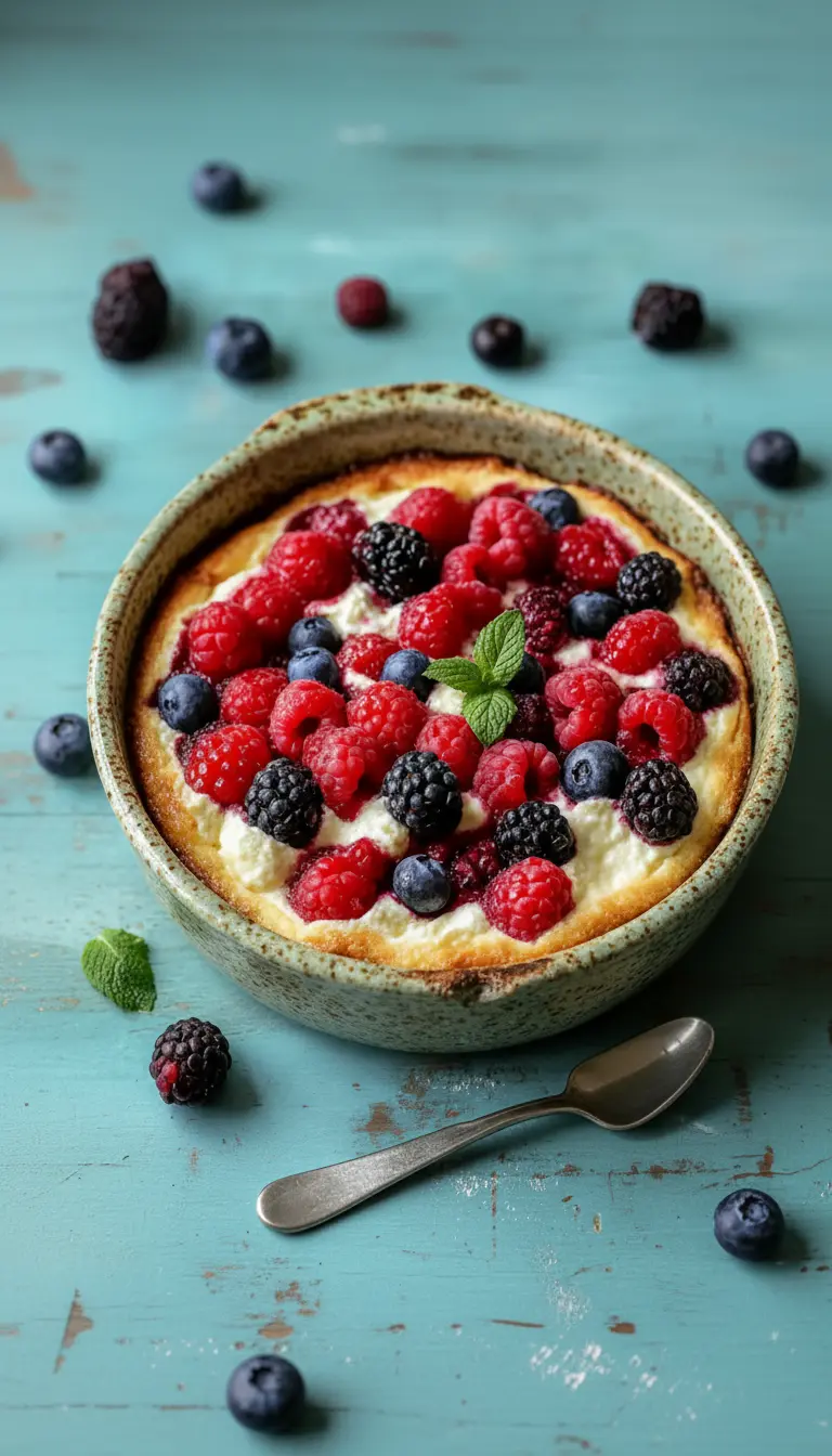A close-up shot of a serving of High Protein Triple Berry Bake on a minimalist white plate, showcasing the creamy, custardy texture of the baked base underneath a vibrant cascade of fresh, juicy raspberries, blueberries, and blackberries. A small sprig of fresh mint adds a pop of green. Soft shadows and warm tones, with a clean and tidy presentation on a marble countertop. 3:4 aspect ratio.