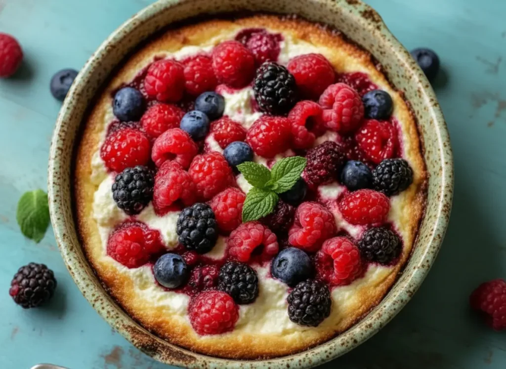 A High Protein Triple Berry Bake in a white, fluted ceramic baking dish, generously topped with vibrant fresh red raspberries, deep blue blueberries, and dark black blackberries. A fresh mint sprig adorns the center. The dish is placed on a light blue-green distressed wooden surface, with soft natural morning light from an east window casting gentle shadows. The background features a hint of marble countertop and wood accents, creating a clean and tidy presentation. 4:3 aspect ratio.