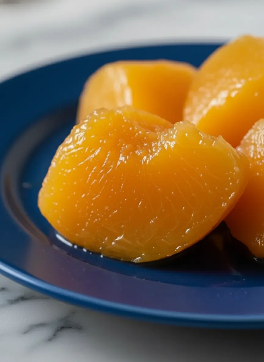 Ingredients for Homemade Mango Mochi: Fresh, ripe mangoes (cut into glistening yellow-orange chunks as seen in the provided image), glutinous rice flour, granulated sugar, and cornstarch, neatly arranged on a natural wooden cutting board. A sprig of fresh mint is visible, all under natural morning light on a marble countertop with soft shadows. 3:4 aspect ratio.