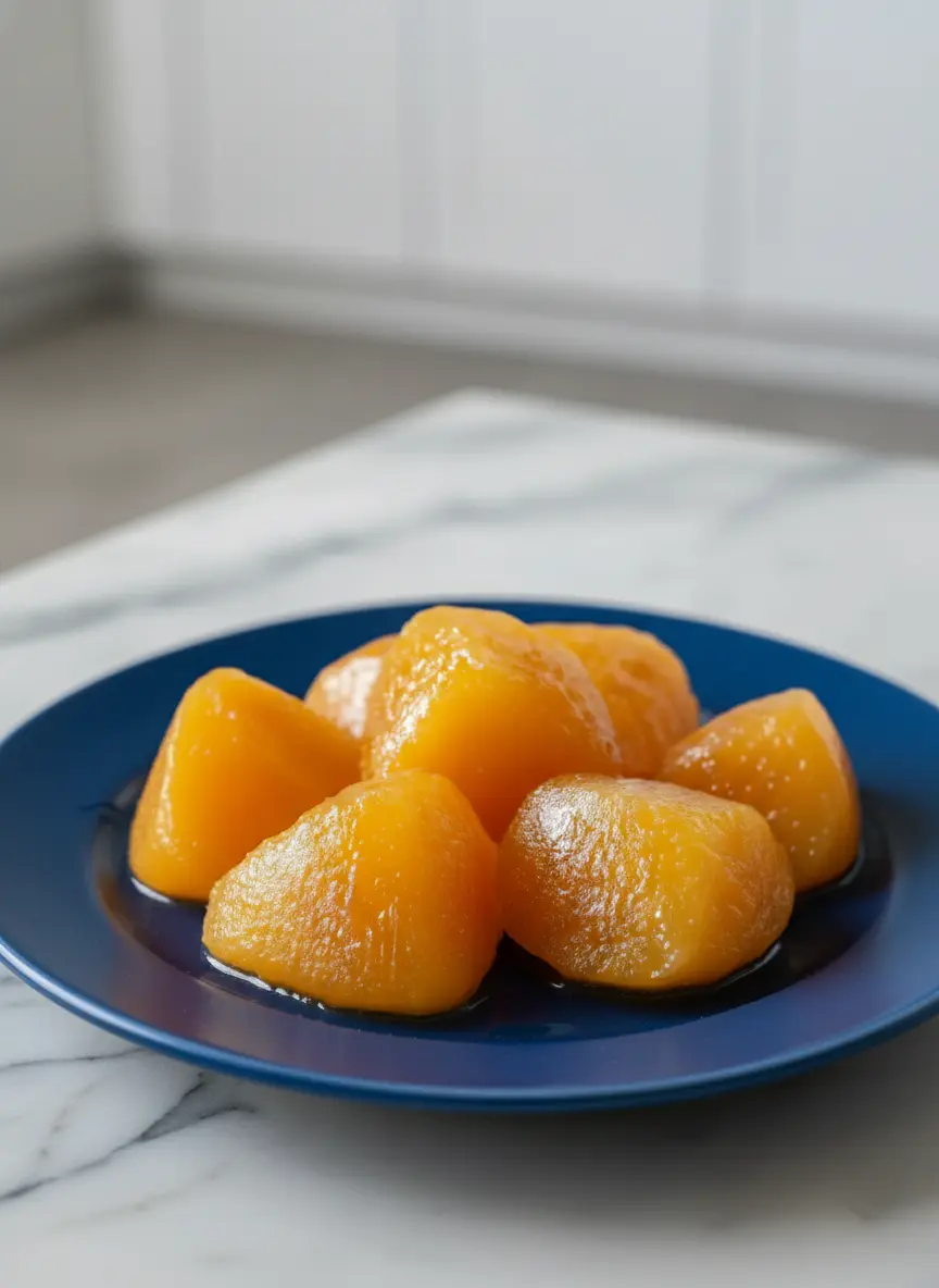 Process of making Homemade Mango Mochi: A soft, slightly translucent mochi dough being gently wrapped around a vibrant, glistening yellow-orange mango piece (matching the provided image). The dough is on a lightly cornstarched wooden cutting board. The scene is illuminated by natural morning light with warm tones and soft shadows. 3:4 aspect ratio.