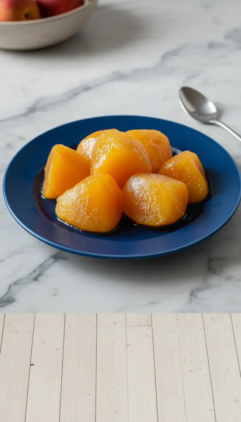 Serving of Homemade Mango Mochi: A minimalist white plate holding several finished mochi, with one cut in half to clearly show the vibrant, glistening yellow-orange mango filling (matching the provided image) and the chewy, soft texture of the mochi. Garnished with a fresh mint leaf. Marble countertop, natural morning light, and soft shadows. 3:4 aspect ratio.