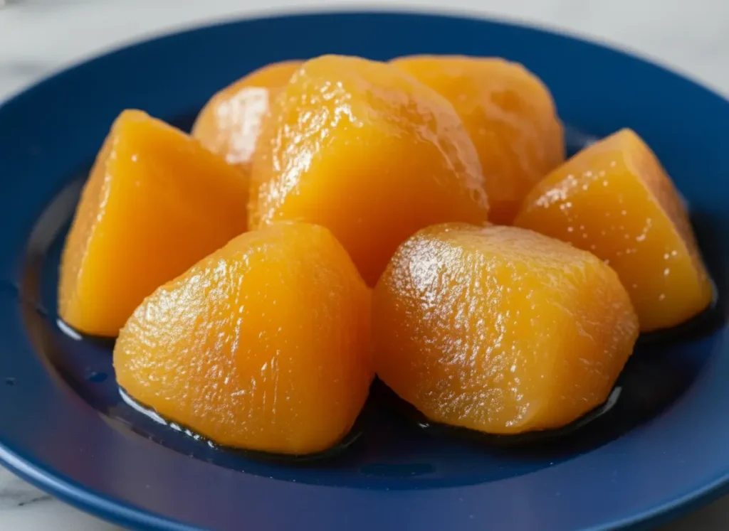 Homemade Mango Mochi, one piece cut open to reveal the vibrant, glistening yellow-orange mango filling, matching the provided image's appearance, on a minimalist white plate. The scene is set on a marble countertop under natural morning light, with a wooden cutting board partially visible in the soft background. Soft shadows and warm tones create a clean, tidy presentation. 4:3 aspect ratio.