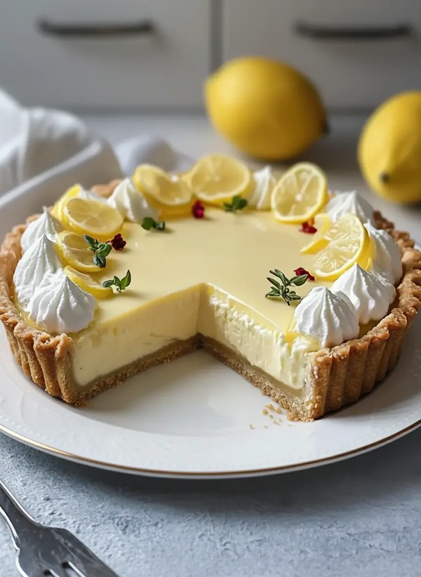 A close-up shot of the creamy pale yellow Italian Lemon Mascarpone filling being gently poured from a ceramic bowl into a golden, fluted tart crust set in a tart pan on a marble countertop. Natural morning light from an east window. Soft shadows, warm tones, clean and tidy presentation. (3:4 ratio)