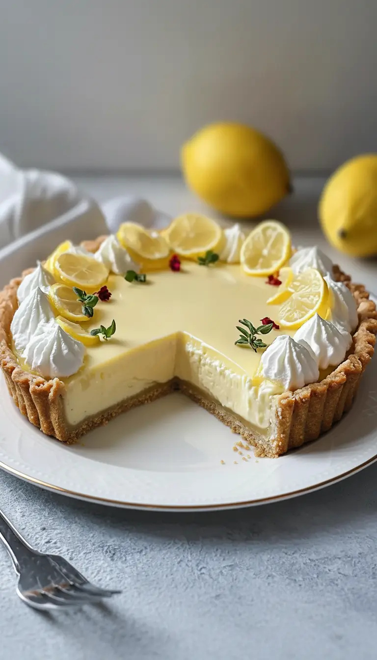 A close-up, angled shot of a single slice of Italian Lemon Mascarpone tart on a minimalist white plate, showcasing the thick, creamy pale yellow filling and the crisp, golden crust. The slice is beautifully garnished with a small lemon slice and a fresh mint sprig. A silver fork rests beside the plate. Natural morning light, soft shadows, warm tones, clean and tidy presentation. (3:4 ratio)
