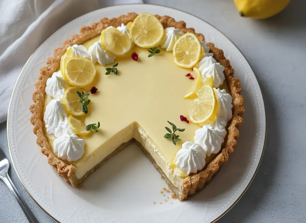 A beautifully styled Italian Lemon Mascarpone tart, with a slice removed, showing the creamy pale yellow filling and golden fluted crust. It is garnished with thin lemon slices, white meringue dollops, fresh mint sprigs, and small red edible flowers. The tart is on a minimalist white plate, set on a marble countertop with soft natural morning light from an east window. Soft shadows, warm tones, clean and tidy presentation. (4:3 ratio)