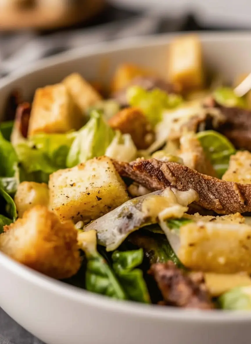 An artful flat lay (3:4 ratio) of fresh, crisp romaine lettuce, a raw flank steak seasoned with salt and pepper, a bowl of homemade golden croutons, a lemon, garlic cloves, Parmesan cheese, and bottles of olive oil and Worcestershire sauce, all arranged on a light wooden cutting board on a marble countertop. Natural morning light, soft shadows, warm tones, clean and tidy. No hands or people.