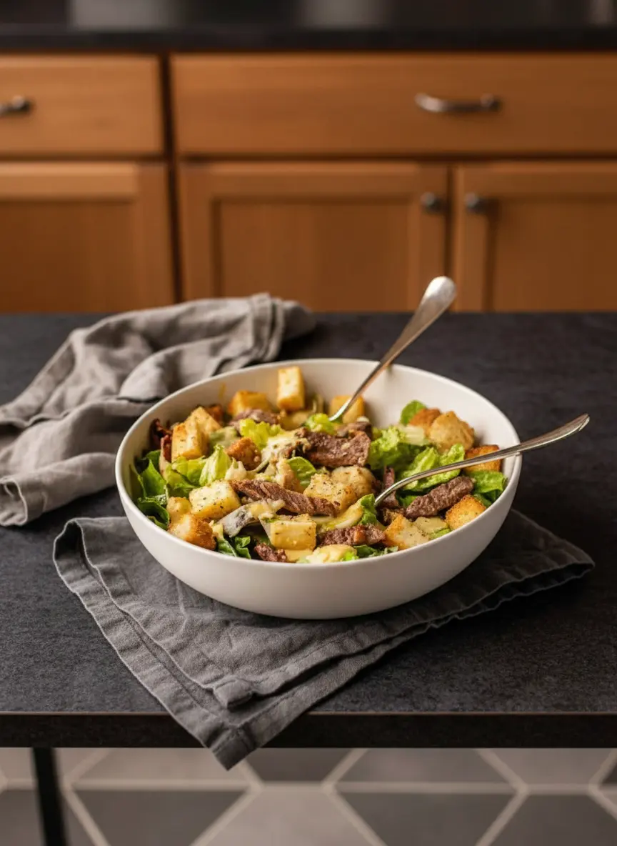 A close-up shot (3:4 ratio) of thinly sliced, perfectly pan-fried steak resting on a wooden cutting board, showing the juicy interior and browned exterior. In the soft blur of the background, a ceramic bowl with crisp romaine lettuce and the beginnings of Caesar dressing ingredients. Natural morning light, soft shadows, warm tones, clean and tidy. No hands or people.