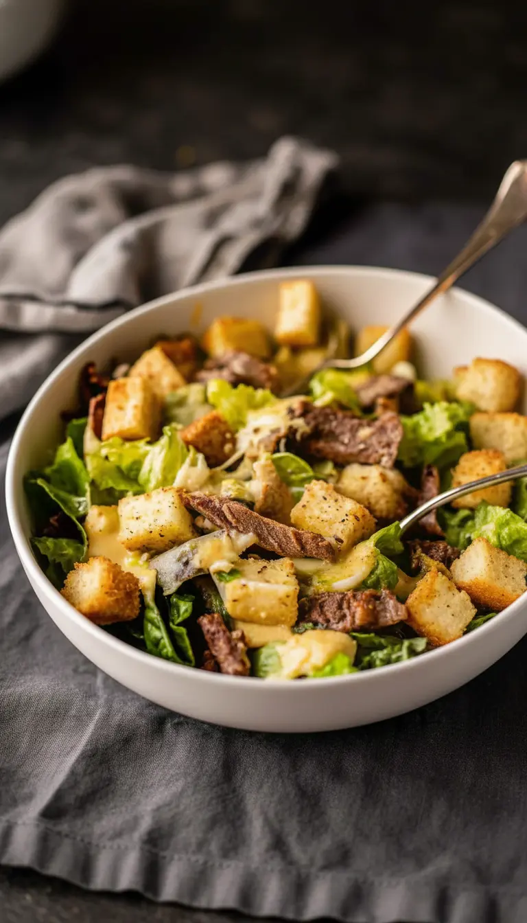 A close-up, slightly elevated shot (3:4 ratio) of the assembled Juicy Pan-Fried Steak Caesar Salad in a minimalist white ceramic bowl, highlighting the texture of the crisp romaine, the browned edges of the steak slices, the crunchy croutons, and the smooth, creamy Caesar dressing coating the leaves. A silver spoon is partly visible in the bowl. The scene is set on a marble countertop with subtle wood accents and blurred fresh herbs in the background. Natural morning light, soft shadows, warm tones, clean and tidy. No hands or people.