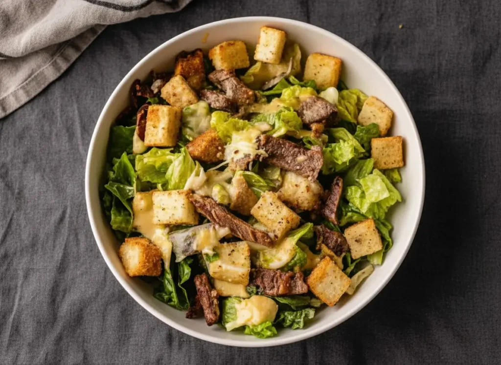 A beautifully composed close-up shot (4:3 ratio) of a Juicy Pan-Fried Steak Caesar Salad in a minimalist ceramic bowl, showcasing tender, browned pan-fried steak slices, vibrant green romaine lettuce, golden crispy croutons, dark dried tomatoes/bacon bits, and a creamy, light yellow Caesar dressing. The bowl is positioned on a light marble countertop with subtle wood accents in the background. Natural morning light from an east window casts soft shadows, creating warm tones. Fresh green herbs are delicately blurred in the background, and the overall presentation is clean and tidy, evoking a lived-in kitchen feel. No hands or people.