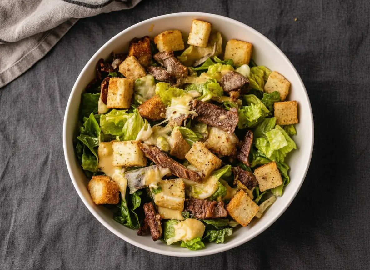 A beautifully composed close-up shot (4:3 ratio) of a Juicy Pan-Fried Steak Caesar Salad in a minimalist ceramic bowl, showcasing tender, browned pan-fried steak slices, vibrant green romaine lettuce, golden crispy croutons, dark dried tomatoes/bacon bits, and a creamy, light yellow Caesar dressing. The bowl is positioned on a light marble countertop with subtle wood accents in the background. Natural morning light from an east window casts soft shadows, creating warm tones. Fresh green herbs are delicately blurred in the background, and the overall presentation is clean and tidy, evoking a lived-in kitchen feel. No hands or people.