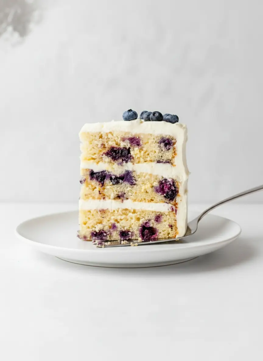 A close-up of the Lemon Blueberry Layer Cake batter in a ceramic mixing bowl, showing the pale yellow batter gently folded with flour-dusted blueberries, with a wooden spoon resting in the bowl. The scene is on a marble countertop under natural morning light, capturing the texture and colors. Soft shadows, warm tones, no hands or people. (3:4 ratio)