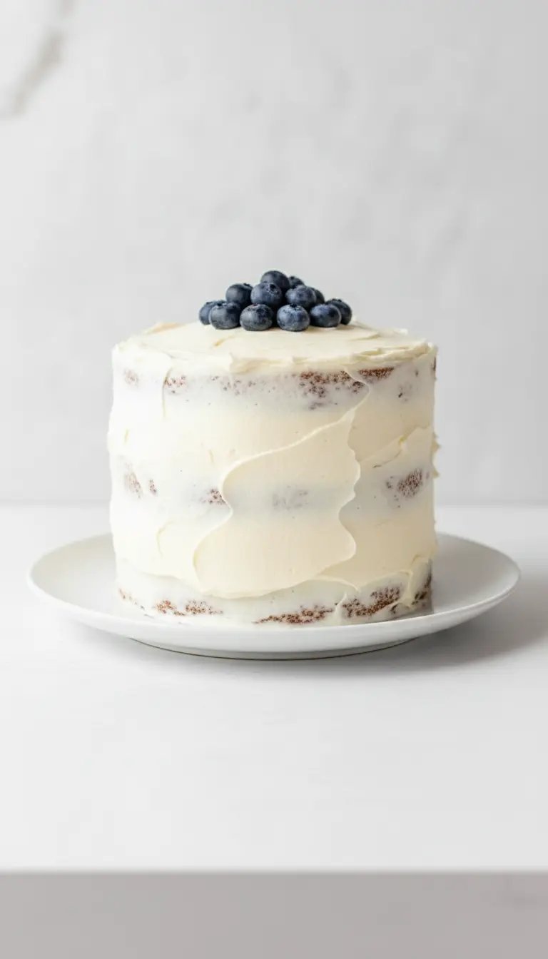 A close-up, angled shot of a slice of Lemon Blueberry Layer Cake being served, showcasing the fluffy, moist texture of the yellow cake layers, the burst of purple from the blueberries, and the smooth, creamy white lemon cream cheese frosting. The cake is on a minimalist white plate, with fresh blueberries and a lemon slice garnish, set on a marble countertop with soft natural light. (3:4 ratio)