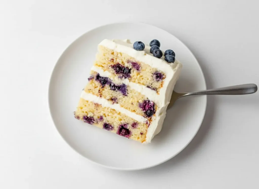A beautiful Lemon Blueberry Layer Cake, whole with one slice removed and placed on a silver server, on a rustic wooden cake stand. The cake shows three layers of pale yellow cake with visible purple blueberries, thick white lemon cream cheese frosting between layers and on the exterior. The top is garnished with fresh, plump blueberries and thin, bright yellow lemon slices. Shot in natural morning light from an east window, highlighting soft shadows and warm tones, against a minimalist white wall, on a marble countertop with a hint of a wooden cutting board in the background. Clean and tidy presentation, no hands or people. (4:3 ratio)