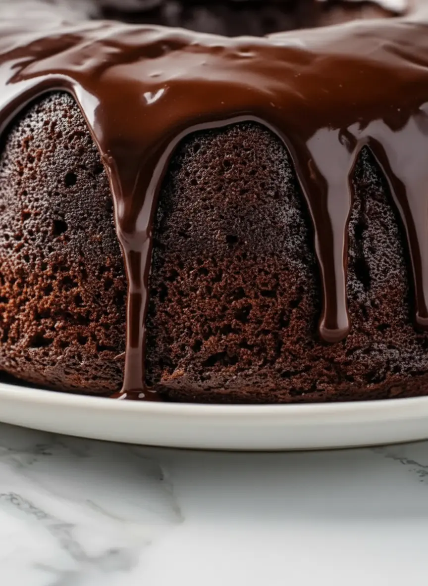 Ingredients laid out for a dark chocolate bundt cake: a bowl of unsweetened cocoa powder, a measuring cup of buttermilk, eggs, flour, and a bundt pan, all arranged on a white marble countertop with a wooden cutting board partially visible. Natural morning light, warm tones, soft shadows. 3:4 ratio.