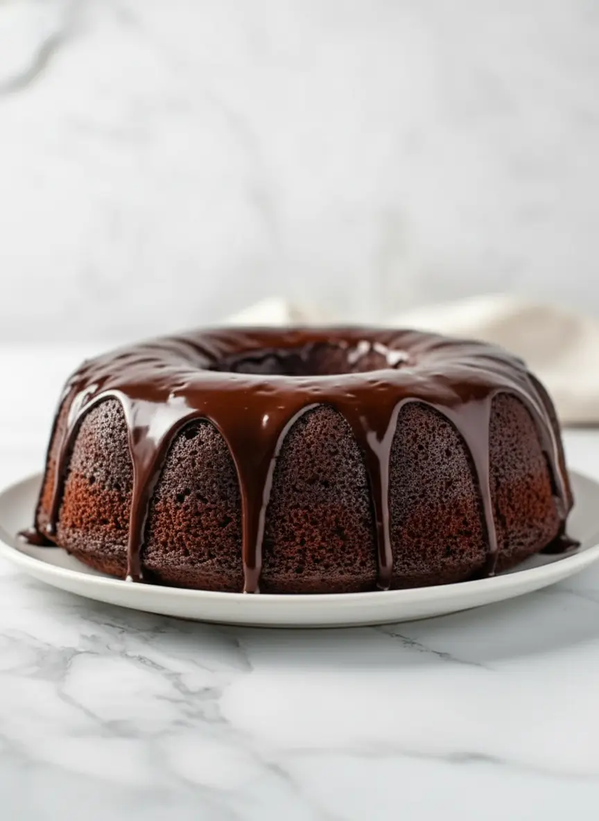 A dark chocolate bundt cake just inverted onto a wire cooling rack, showing its perfectly baked form and slightly porous texture, ready for glazing. The scene is set on a white marble countertop with soft morning light and a clean, tidy presentation. 3:4 ratio.