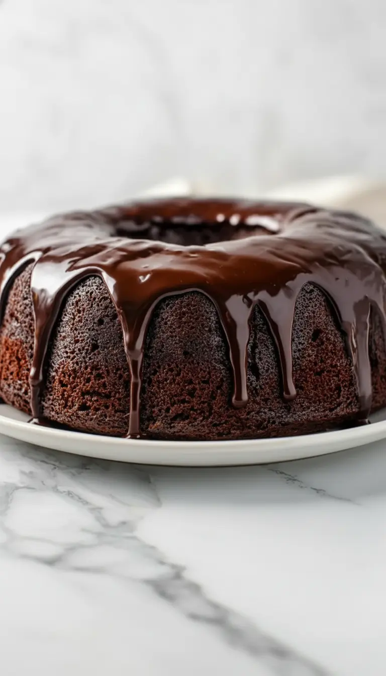 A single slice of the Mount Doom Cake on a minimalist white plate, revealing its incredibly moist, dark interior and the rich, glossy chocolate ganache. A delicate fresh herb (e.g., mint sprig) is subtly visible in the soft-focus background. Shot on a marble countertop with natural morning light. 3:4 ratio.
