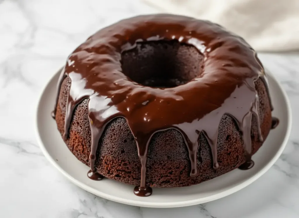 A dramatically moist and intensely dark chocolate bundt cake, crowned with a rich, glossy molten chocolate ganache dripping heavily down its sides, on a minimalist white plate set on a white marble countertop with subtle wood accents in the background. Natural morning light from an east window casts soft shadows. 4:3 ratio.