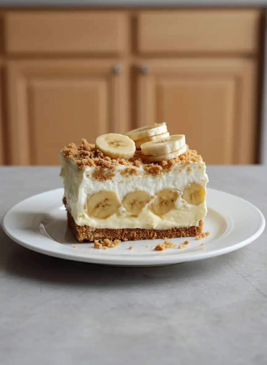 A wide, shallow ceramic bowl filled with the creamy white cheesecake filling for No-Bake Banana Pudding Cheesecake, showing its smooth texture. A rubber spatula is resting in the bowl. On the marble countertop, thinly sliced fresh bananas are arranged next to a stack of graham cracker crumbs. Natural morning light with soft shadows. Clean and tidy presentation. No hands or people.