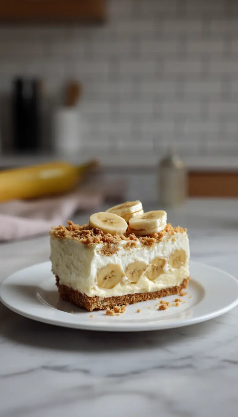 A close-up, slightly elevated shot of a full pan of No-Bake Banana Pudding Cheesecake, just out of the fridge, glistening with a creamy white topping, adorned with generous sprinkles of golden graham cracker crumbs and perfectly arranged fresh banana slices. The edges are clean and ready to be sliced. On a marble countertop, bathed in natural morning light from an east window, with subtle warm tones. The same wooden cutting board and blurred fresh herbs are in the background. No hands or people.