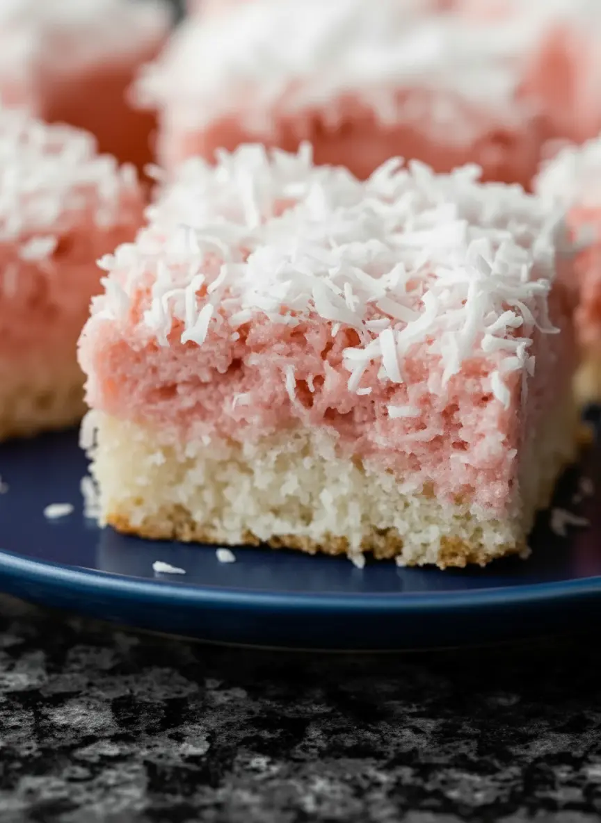 A flat lay of the key ingredients for Pink Coconut Snowball Cake Bars (flour, sugar, eggs, butter, shredded coconut, pink food coloring) neatly arranged in minimalist white ceramic bowls on a wooden cutting board on a marble countertop, bathed in natural morning light. Soft shadows, warm tones, clean and tidy. (3:4 ratio)