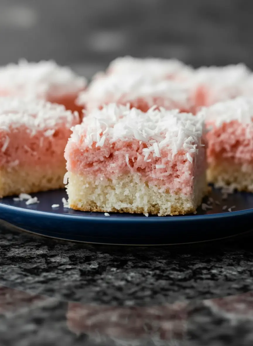 A visual of a baked vanilla cake base cooling in a clear glass baking pan on a wire rack on a marble countertop, next to a bowl of the vibrant pink coconut mixture being prepared. Natural morning light, soft shadows, and warm tones. A corner of a wooden cutting board is visible. (3:4 ratio)