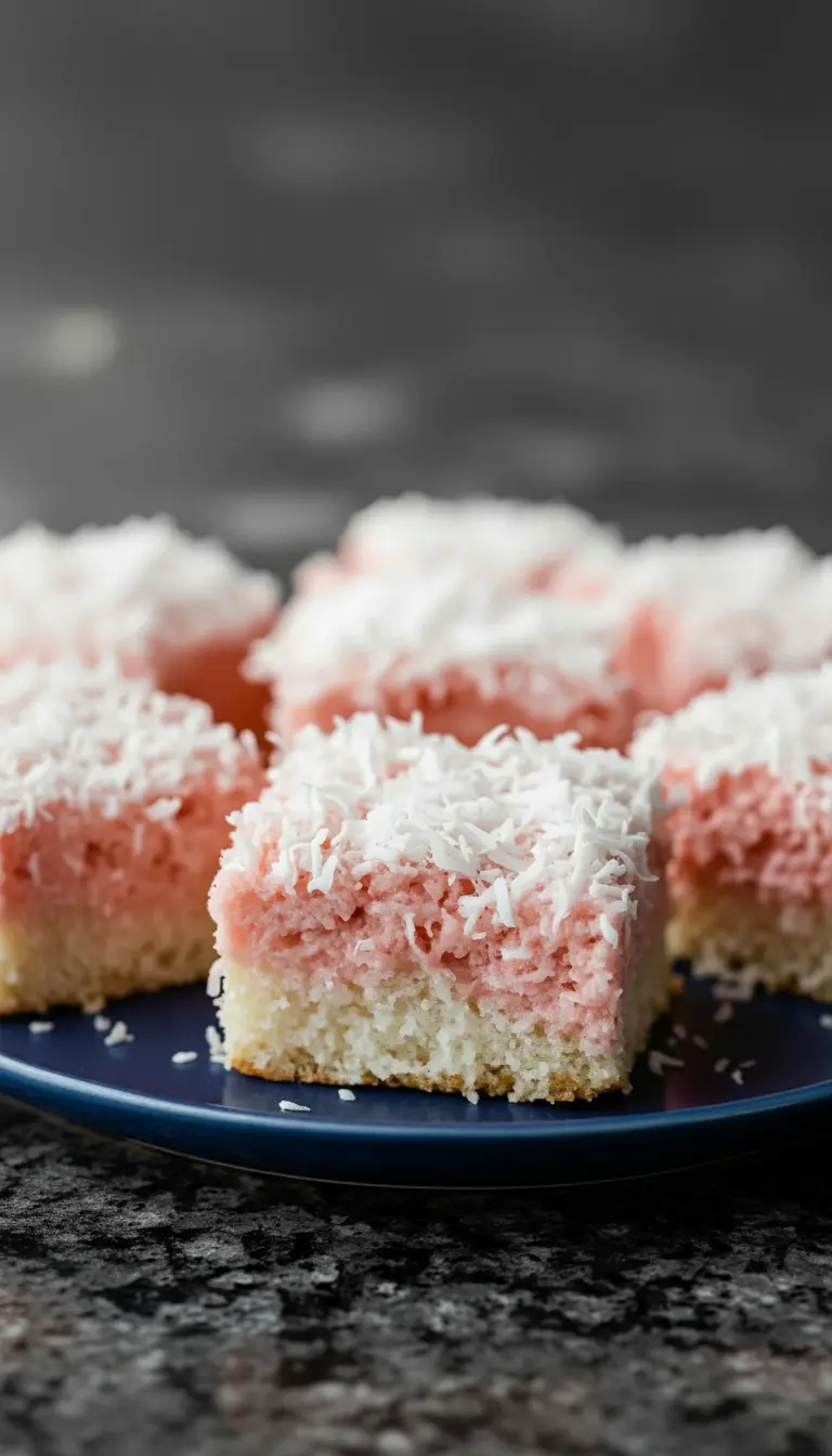 A slice of a Pink Coconut Snowball Cake Bar, freshly cut, showing the moist texture of the white cake layer and the creamy pink coconut layer, with shredded coconut clinging to the top. It's placed on a minimalist white plate, with more bars blurred in the background, on a marble countertop with soft shadows and natural morning light. (3:4 ratio)