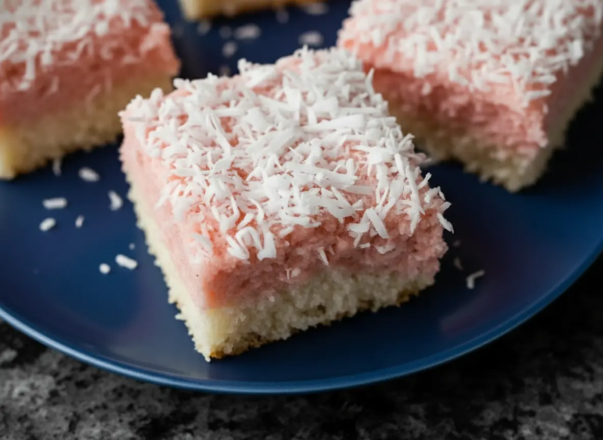 A close-up hero shot of several square Pink Coconut Snowball Cake Bars on a minimalist white ceramic plate, showcasing the distinct white cake and vibrant pink coconut layers, heavily topped with fluffy shredded white coconut. The scene is bathed in natural morning light from an east window, casting soft shadows on a marble countertop with subtle wood accents in the background. Fresh herbs are visible in a ceramic bowl, adding a touch of green. Clean, tidy presentation with warm tones. (4:3 ratio)