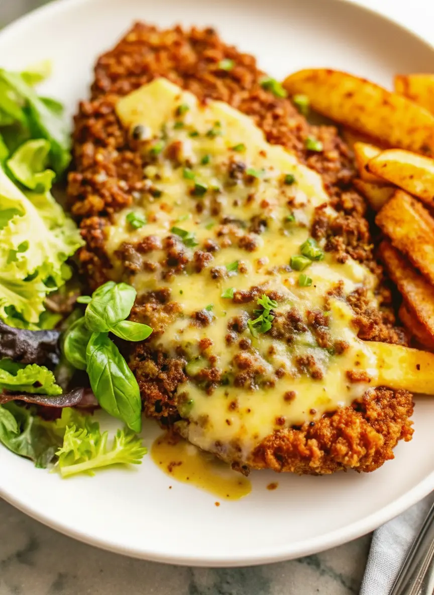A rustic wooden cutting board holds a pile of coarsely crushed hard pretzels, alongside raw chicken breasts, a bowl of flour, beaten eggs, and small jars of honey, Dijon mustard, and a bunch of fresh chives. All bathed in natural morning light on a marble countertop with soft shadows and warm tones, a minimalist white ceramic bowl is subtly in the background (3:4 ratio).