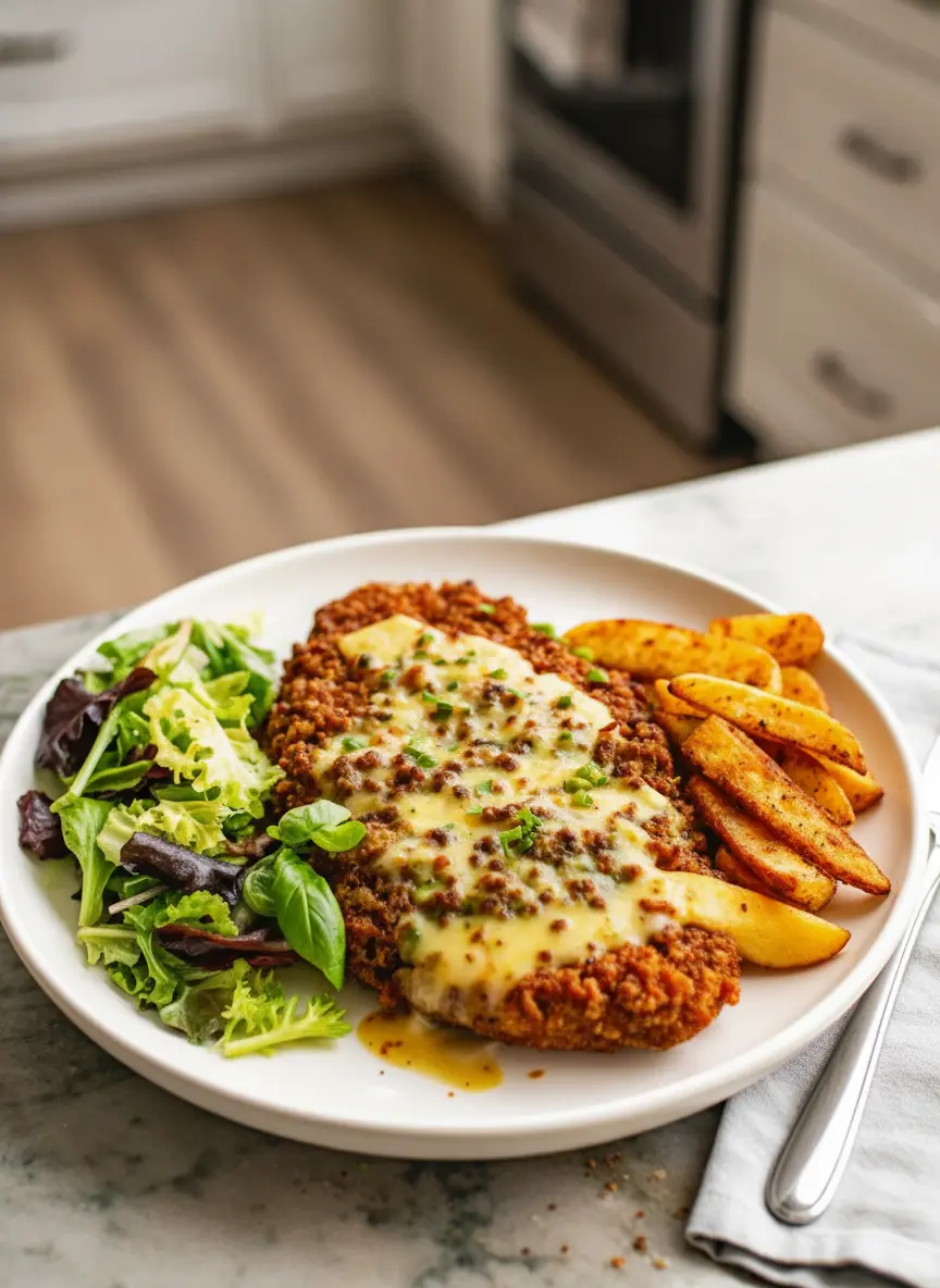 A close-up shot showing a chicken cutlet being firmly pressed into a shallow dish of crushed pretzels, ensuring complete coverage. The background features a hot skillet with shimmering olive oil ready for frying, on a marble countertop with warm natural light and soft shadows, with a wooden accent visible (3:4 ratio).
