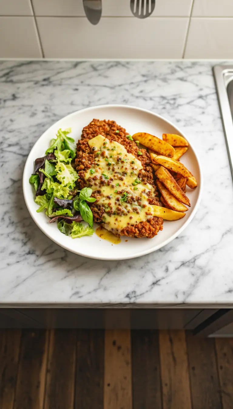 A tantalizing close-up shot of a single golden brown pretzel crusted chicken cutlet, perfectly cooked, sitting on a white minimalist plate. The textured, creamy yellowish honey mustard sauce cascades over the top, dotted with vibrant green chopped herbs (chives/parsley). The crust is visibly crispy. Natural morning light creates inviting warm tones and soft shadows. A small side of potato wedges and fresh green salad is partially visible (3:4 ratio).