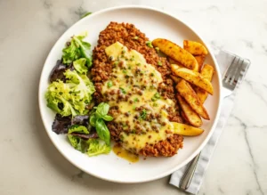 A beautifully plated, golden brown, pretzel crusted chicken cutlet generously drizzled with a thick, creamy, yellowish honey mustard sauce, garnished with finely chopped fresh green herbs (chives/parsley). Served on a minimalist white plate with a side of crispy golden potato wedges and a small, vibrant green salad with fresh basil leaves. The plate is on a marble countertop with soft natural morning light from an east window, subtle warm tones, and soft shadows. A wooden accent is visible in the background, with fresh herbs in ceramic bowls. Clean and tidy presentation (4:3 ratio).