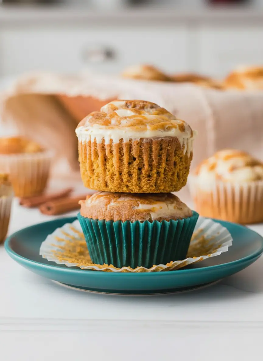 A 3:4 shot capturing the process of adding the cream cheese swirl to Pumpkin Cream Cheese Muffins. Muffin batter is in white paper liners in a muffin tin on a marble countertop. A small spoon or piping bag is mid-action, placing the cream cheese mixture on top of the pumpkin batter. Natural morning light, soft shadows, warm tones, and a wooden cutting board partially visible.