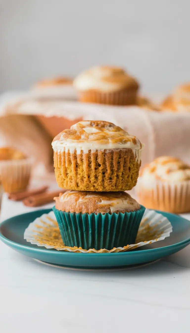 A 3:4 close-up of a single Pumpkin Cream Cheese Muffin, removed from its liner, on a minimalist white ceramic plate, showcasing its moist, textured interior and the distinct cream cheese swirl on top. The muffin is slightly broken to reveal the crumb. A few cinnamon sticks are scattered on the white marble countertop around the plate. Warm natural morning light from the east window illuminates the scene, creating soft shadows.