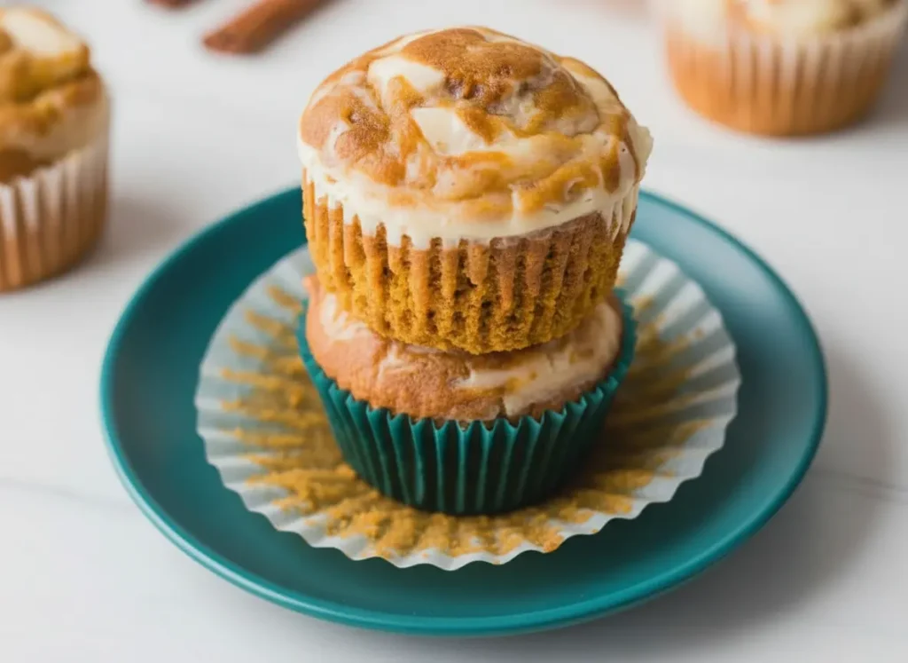 A beautifully composed 4:3 shot of two Pumpkin Cream Cheese Muffins stacked on top of each other, showcasing the perfect orange muffin and white swirled cream cheese topping. They are on a white marble countertop. Warm, natural morning light streams in from the east window, casting soft shadows. Cinnamon sticks are artfully arranged nearby. In the soft-focus background, a rustic wooden basket with more muffins and a textured, light-colored kitchen towel is visible. Clean and tidy presentation, wood accents.