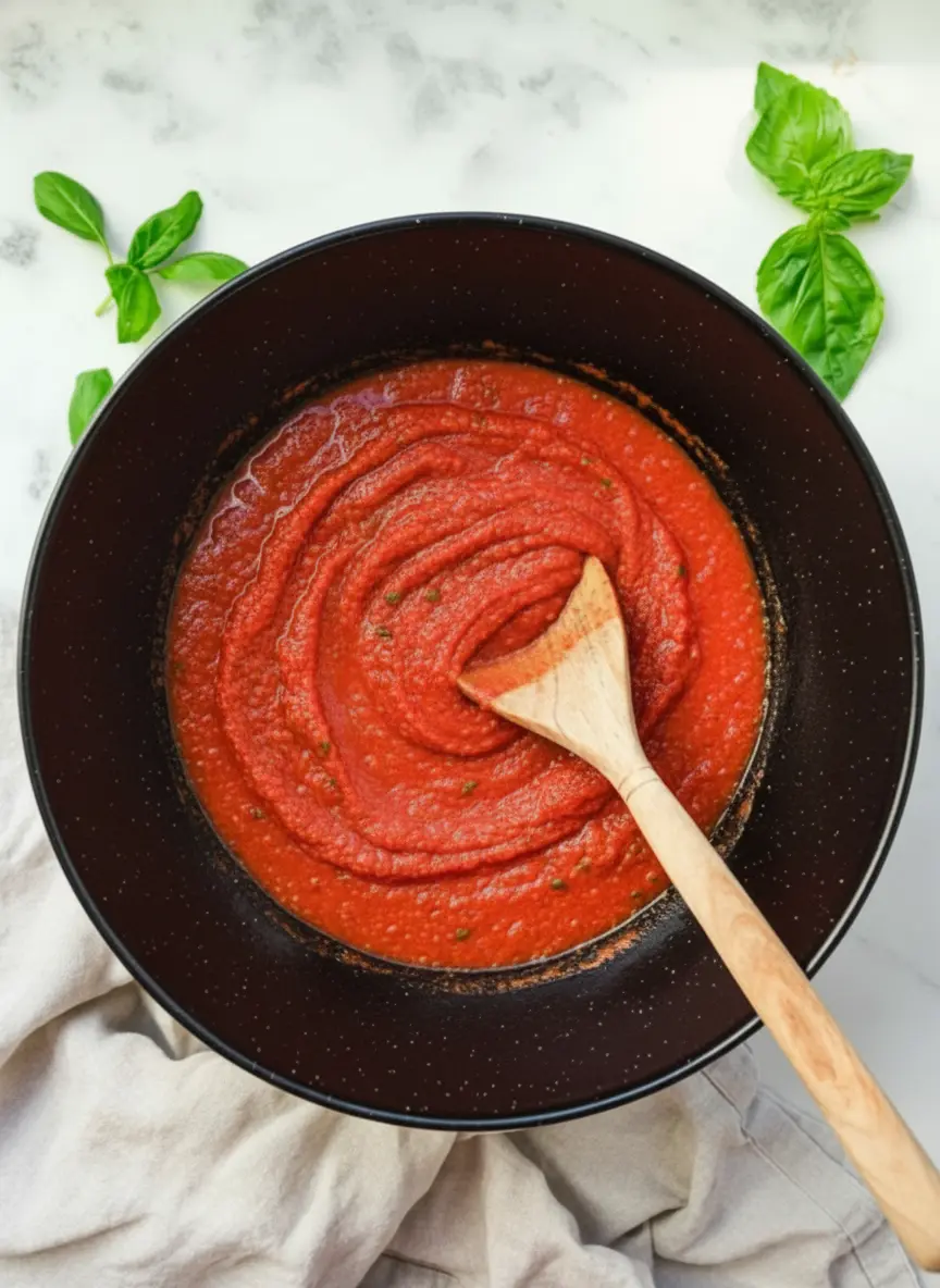 Ingredients laid out on a white marble countertop: a can of crushed San Marzano tomatoes, fresh garlic cloves, a small bowl of fresh basil leaves, dried oregano, red pepper flakes, and a bottle of olive oil, alongside an empty white enamel cast iron pot. Natural morning light, soft shadows, warm tones, clean and tidy. (3:4 ratio)