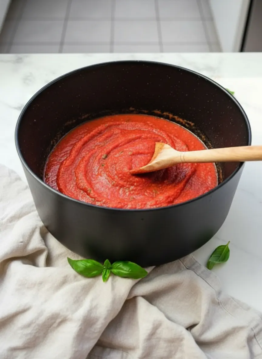 Close-up (3:4) of a light wooden spoon stirring the chunky, vibrant red Quick Marinara Sauce in a white enamel cast iron pot, showcasing the texture of the sauce and the steam gently rising. Fresh basil leaves are visible on the marble background. Natural morning light, soft shadows, warm tones, clean and tidy. No hands or people.