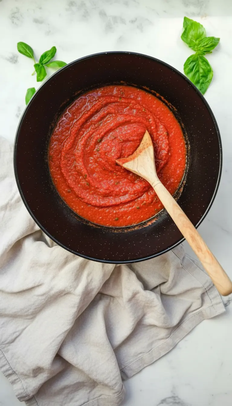 A rustic, small white ceramic bowl filled with vibrant red Quick Marinara Sauce, garnished with a few fresh basil leaves. The bowl sits on a white marble countertop next to the white cast iron pot of sauce, with a grey linen napkin peeking out. Natural morning light, soft shadows, warm tones, clean and tidy presentation. No hands or people. (3:4 ratio)