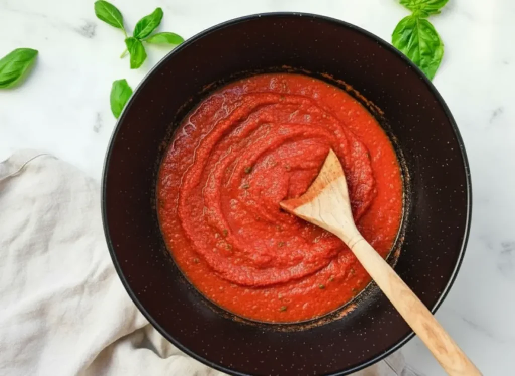 Overhead view (4:3) of a vibrant red Quick Marinara Sauce with visible green herb specks, simmering in a clean white enamel cast iron pot with a black rim. A light wooden spoon rests in the sauce. Fresh green basil leaves are scattered on the white marble countertop. A light grey linen towel is draped loosely around the pot. Natural morning light, soft shadows, warm tones, clean and tidy presentation. No hands or people.